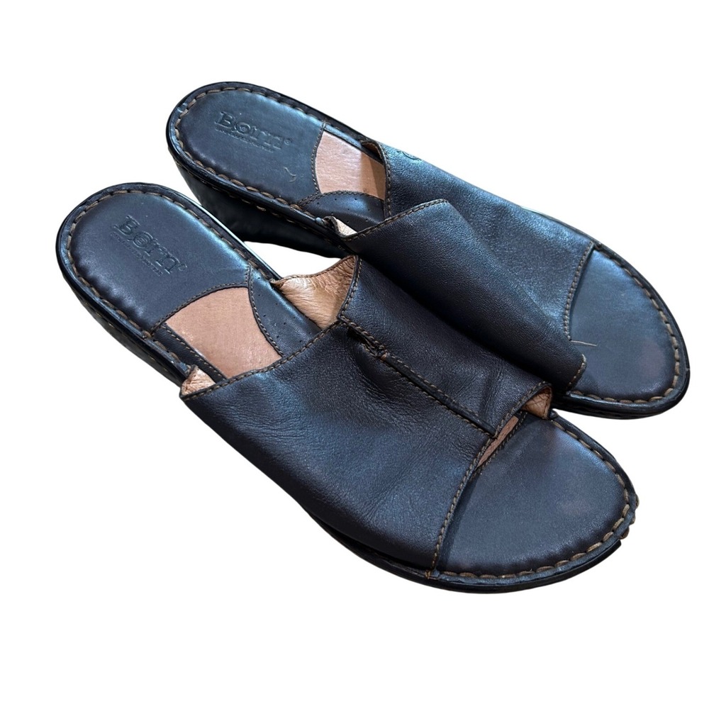 Born Brown Leather Slide Sandals Wedge Heel‎ Open Toe Comfort Shoes Womens 10